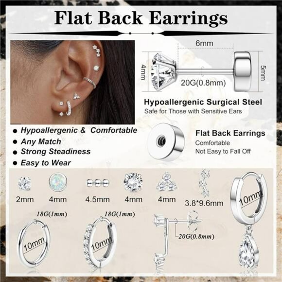 Gold flat back cartilage earrings set hypoallergenic hoop stud piercing - Picture 2 of 7